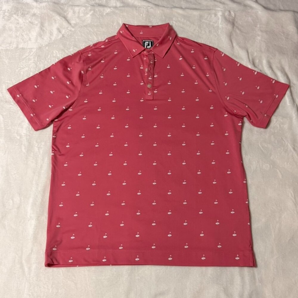 FootJoy FJ Golf Polo Shirt Pink All Over Print Athletic Fit Performance Mens L‎